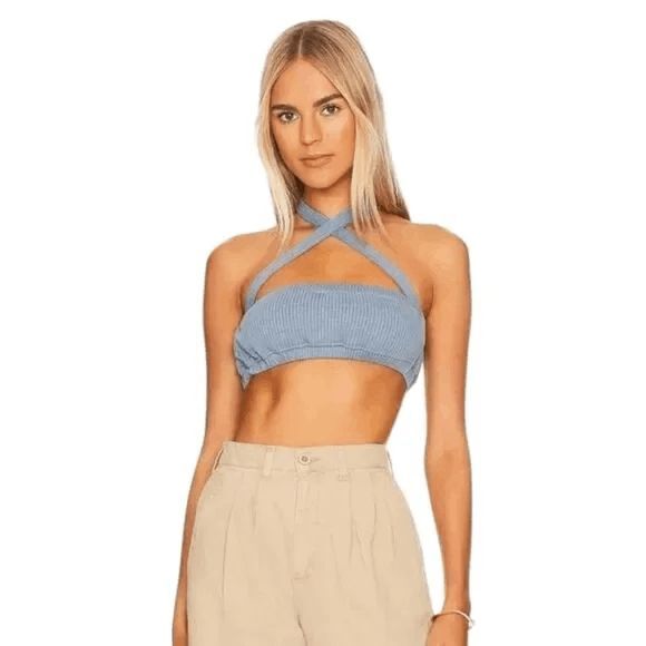 WeWoreWhat Blue Halter Crop Top Size Medium NWT Tie Neck Halter Top - Picture 1 of 11